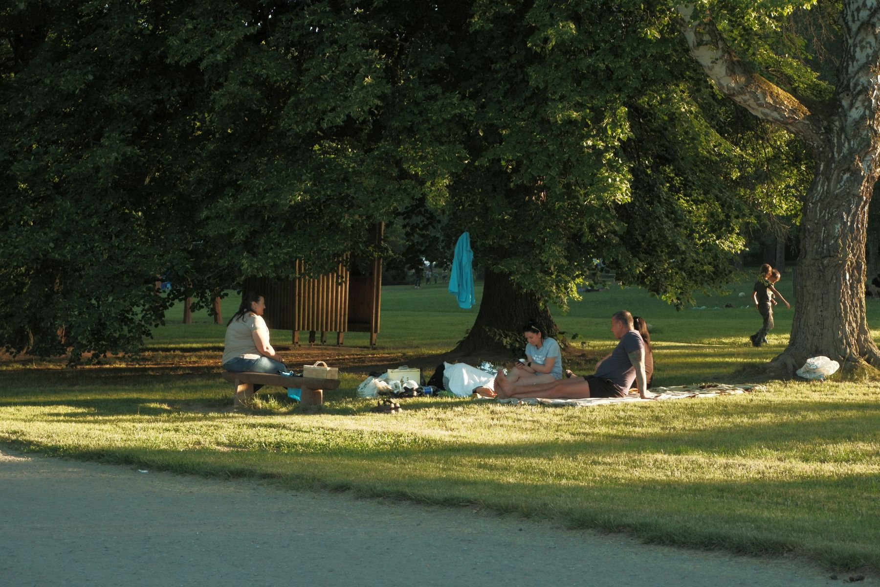 Un après-midi d’été au parc : des voisins assis sous un grand arbre, sur un banc et dans l’herbe